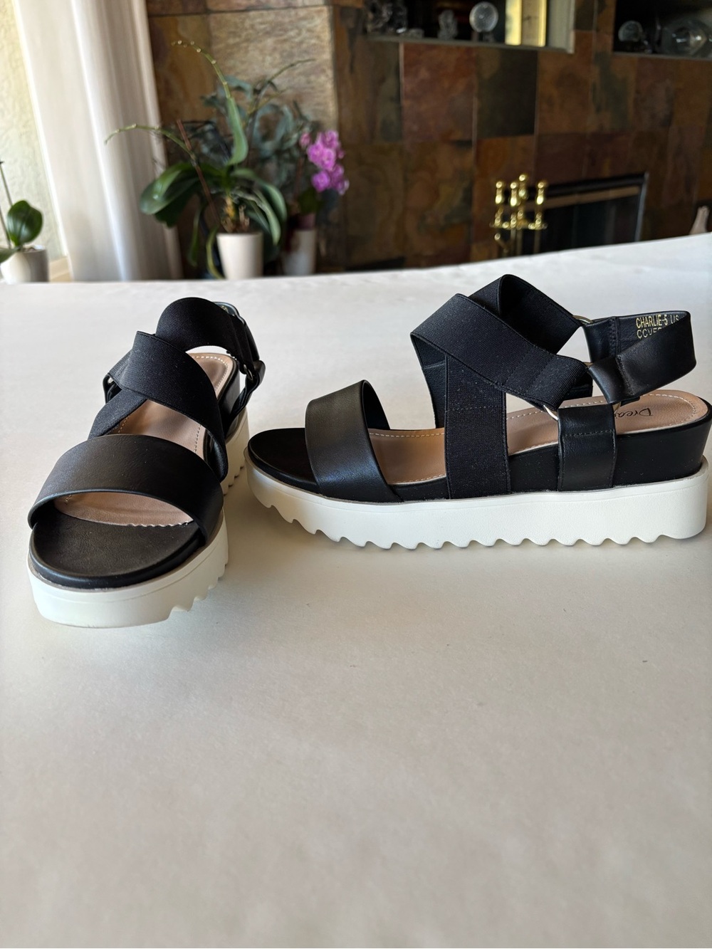 Black Platform Sandals with White Sole - Women's Casual Strappy Sandals